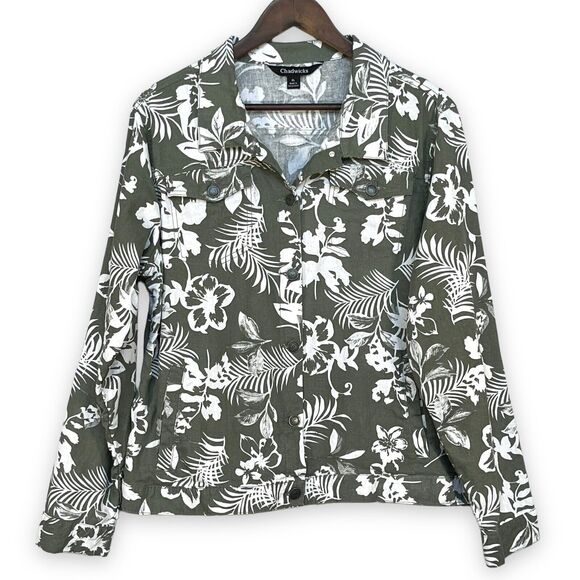 Chadwicks Women Size XL Button-Front Collared Shirt Green Floral Linen Blend‎ - Picture 1 of 12